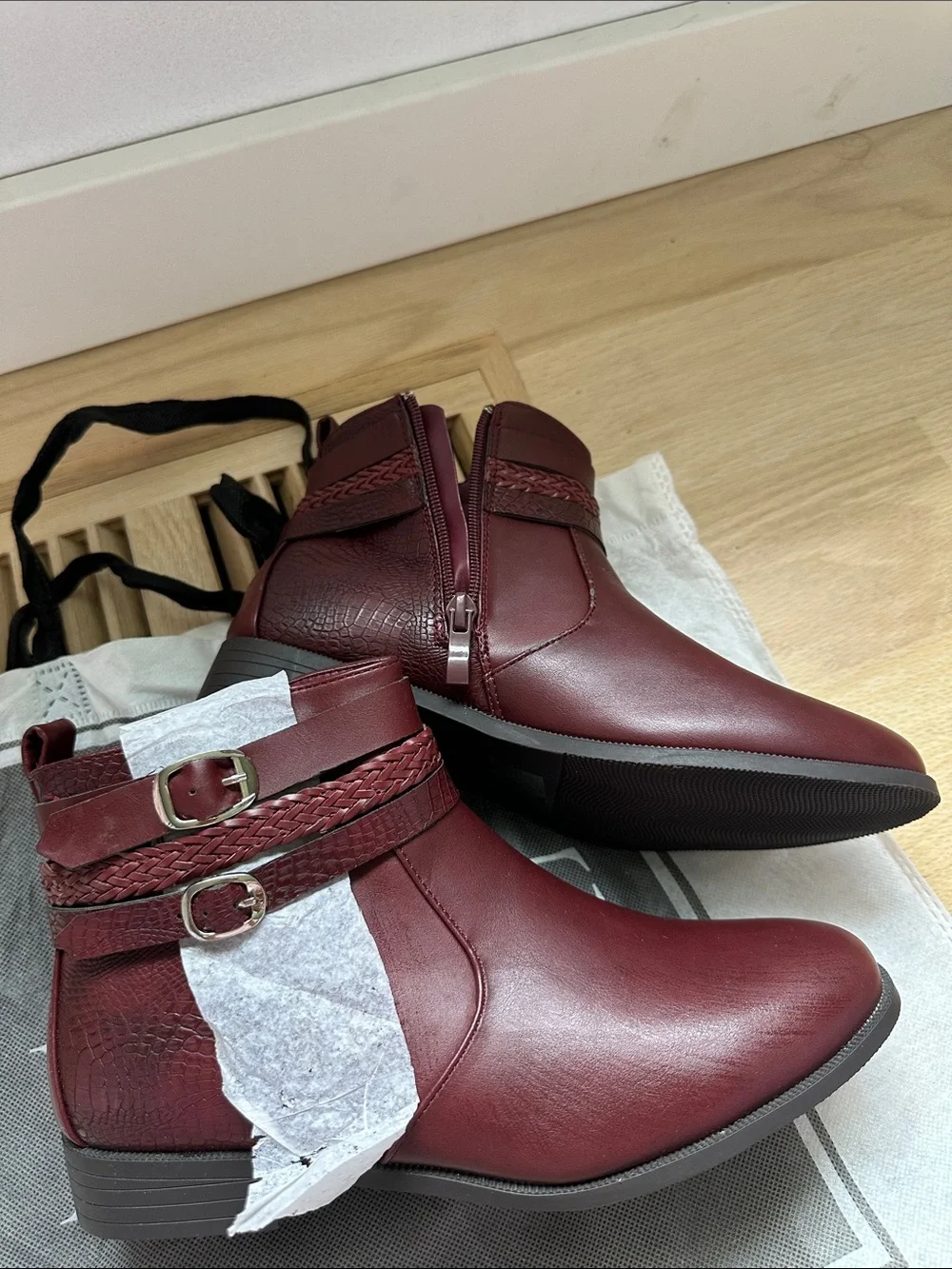 Women's Burgundy Ankle Boots with Braided Strap